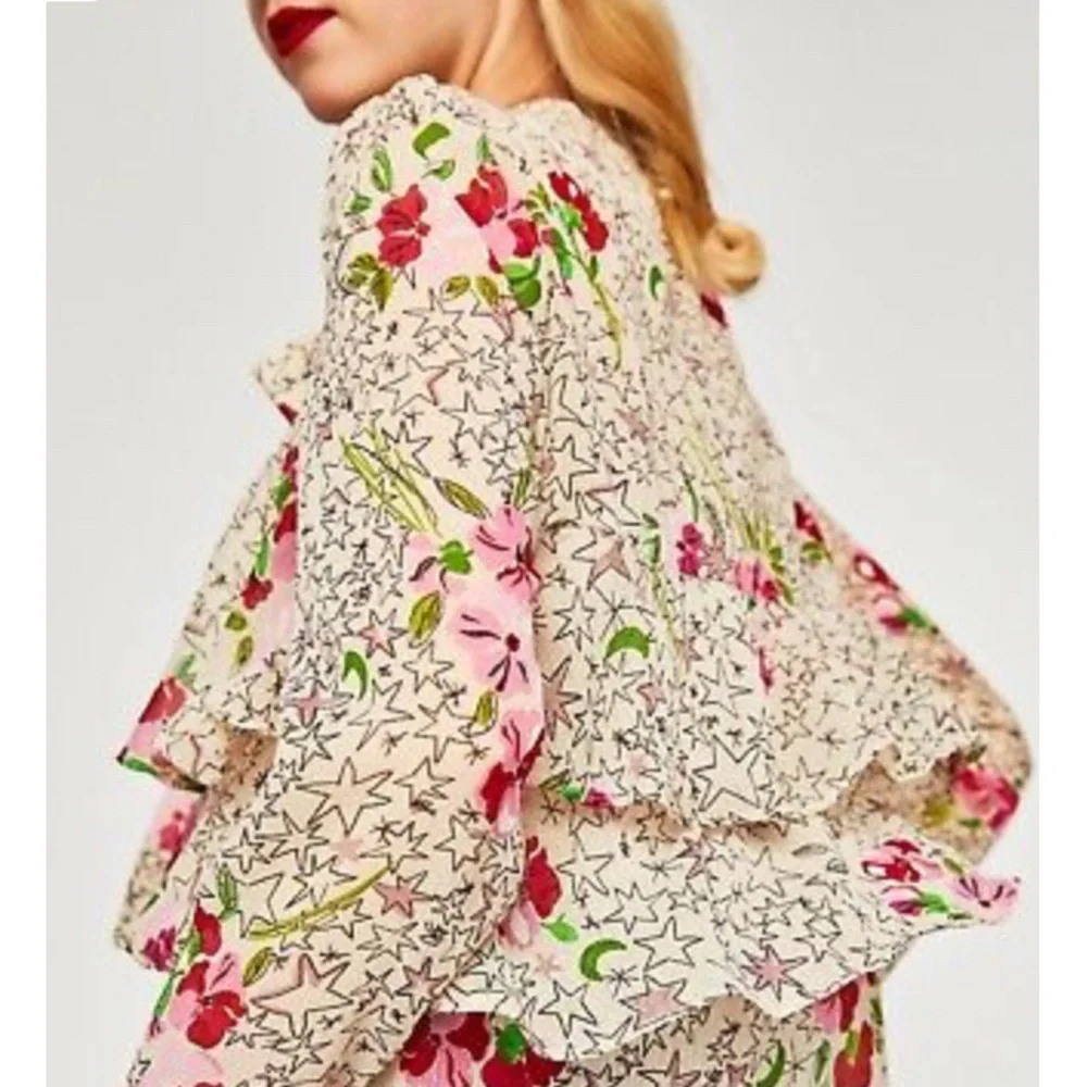 Zara Ruffled Star Floral Tie-Neck L/S Blouse M - Picture 3 of 8